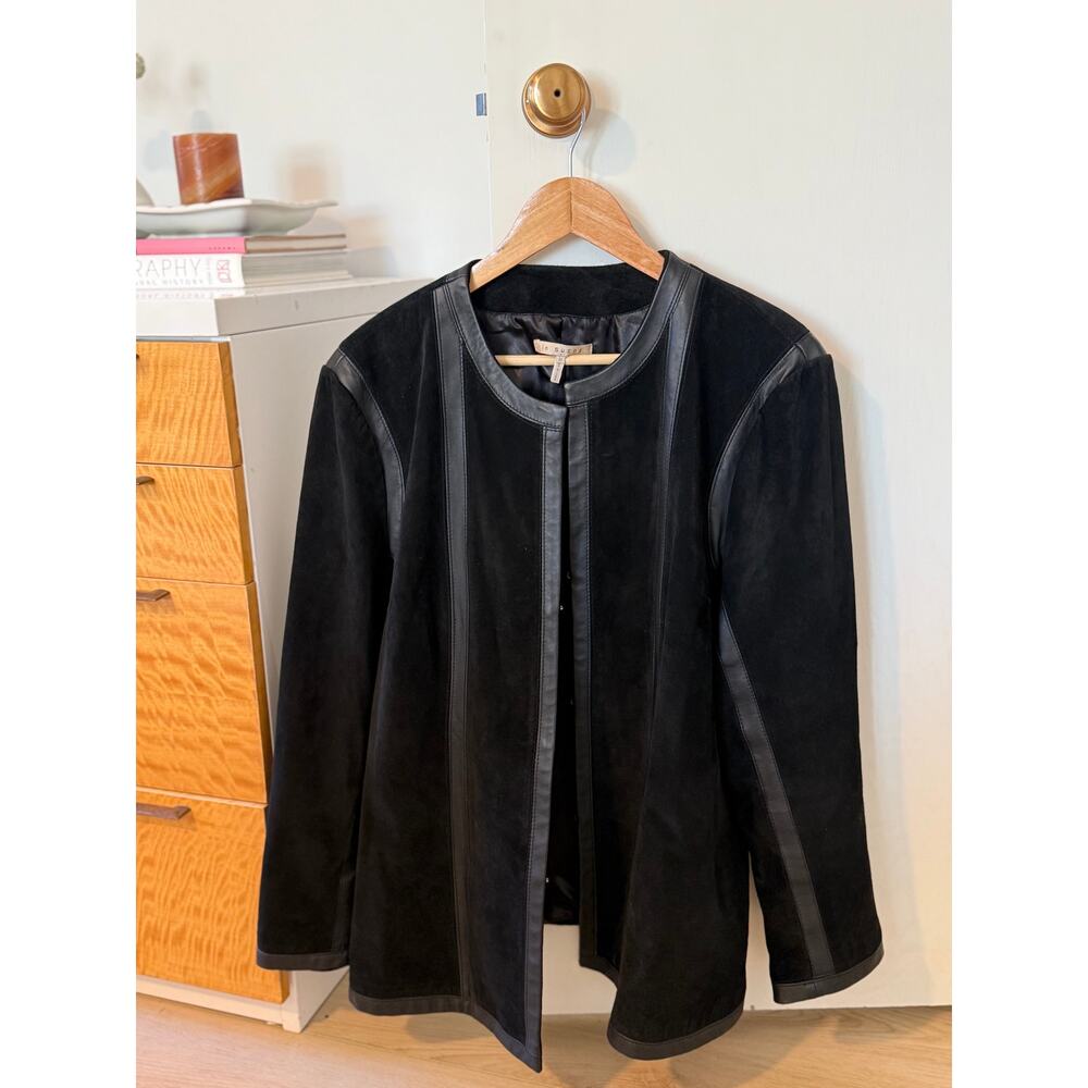Vintage In Suede Leather Jacket Black Minimalist Open Front‎ Plus Size 1X ✨